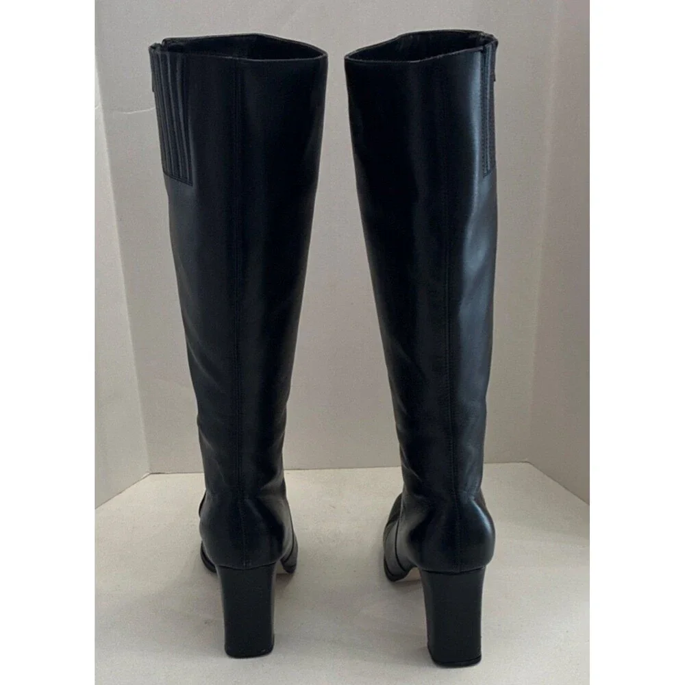Pasaro Black Leather Knee High Riding Boots Block Heel Zip Square Toe Women's 6B